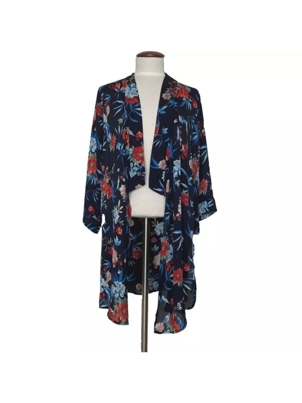Tahari Floral Open Front Kimono Cardigan S-M Navy